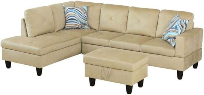 Beige L-Shaped 3-Piece Microfiber Sofa by Unknown