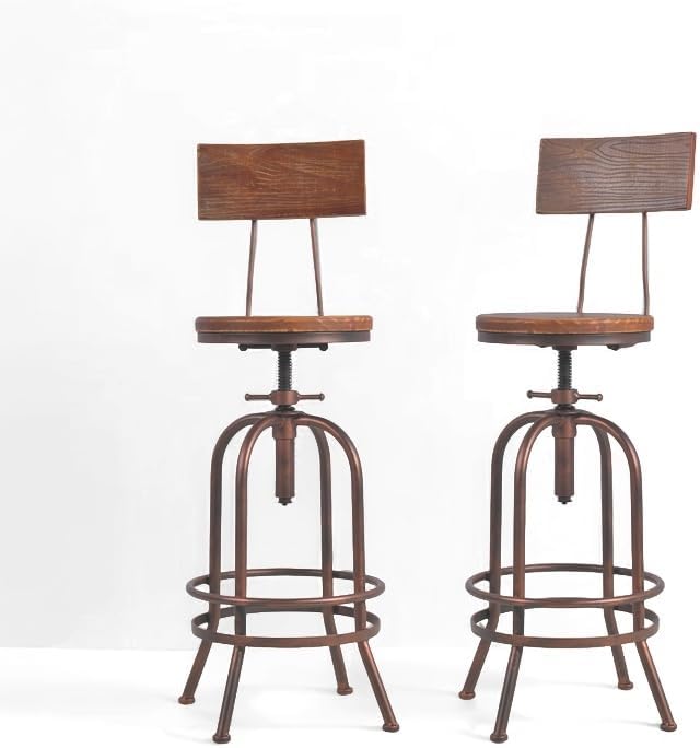 Set of 2-Industrial Bar Stools-Swivel Wooden Seat-Bar Counter Height Adjustable by BOKKOLIK