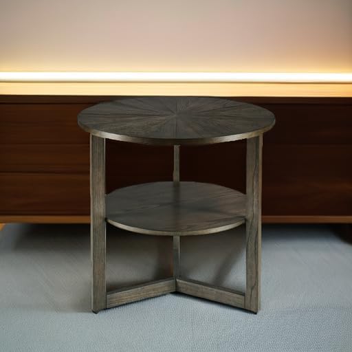 Large Round End Table with Storage Shelf, Rustic Beside Tables with Umbrella Top - Image 5