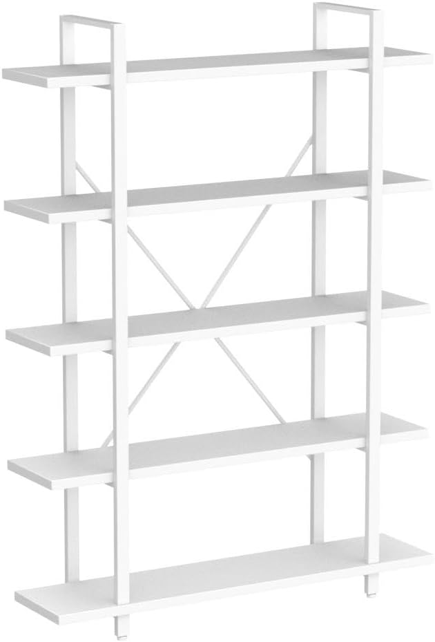 HSH 5 Tier Tall White Bookshelf, Metal and Wood Storage Book Shelves - Image 5