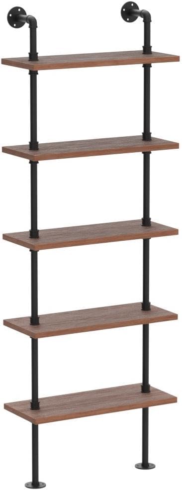 5 Tier Industrial Ladder Bookshelf, Wall Mounted Wood Metal Rustic Pipe Shelves - Image 5
