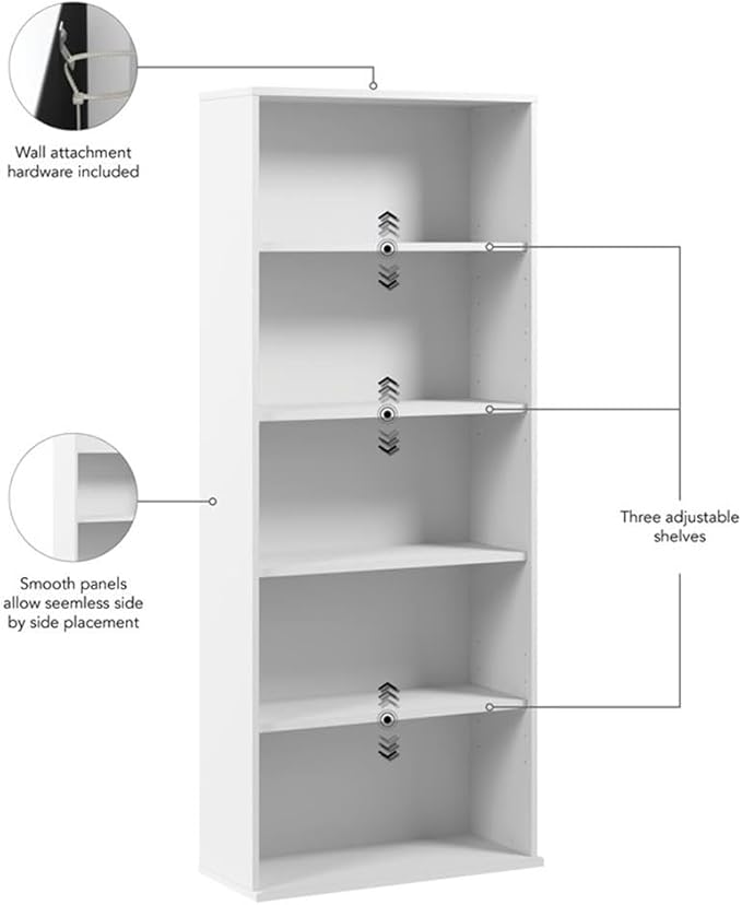 Bush Business Furniture Hustle Tall 5 Shelf Bookcase in White, Large - Image 6