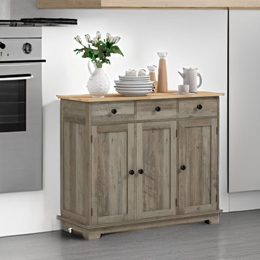 HOMCOM Sideboard with Solid Wood Countertop, Modern Kitchen Storage Cabinet - Image 6