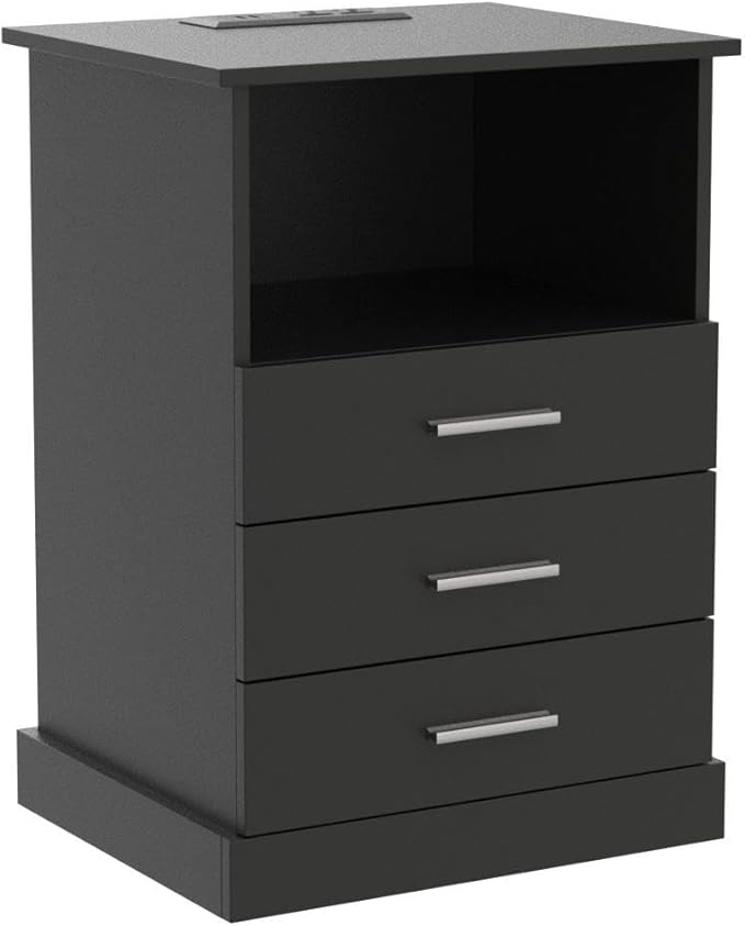 Black LED Nightstand with Charging Station, Side Table with 3 Drawers and Light - Image 5