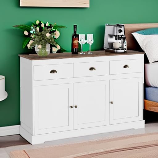 Keyluv White Buffet Cabinet Storage Sideboard Farmhouse Server Bar Wine Cabinet - Image 5