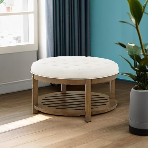 24KF Large Round Upholstered Tufted Linen Ottoman Coffee Table, Large Footrest - Image 6