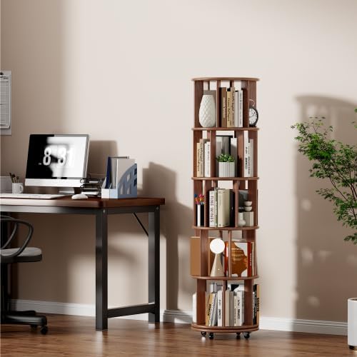 KEIKI 5 Tier Rotating Bookshelf on Wheels, Solid Wood Revolving Bookcase by Unknown