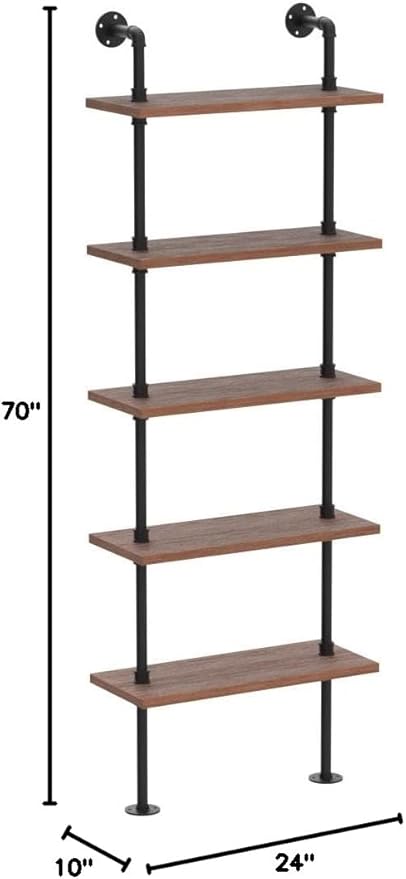 5 Tier Industrial Ladder Bookshelf, Wall Mounted Wood Metal Rustic Pipe Shelves - Image 2