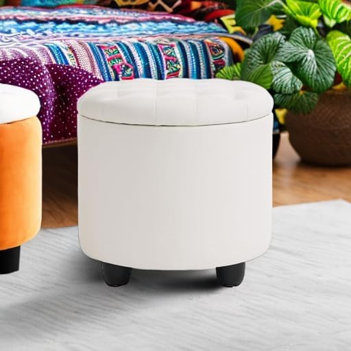 Furniliving Upholstered Button Tufted Round Ottoman, PU Storage Ottoman Round - Image 5