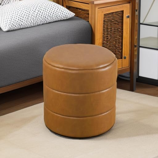 HomePop Upholstered Faux Leather Round Ottoman Home Décor | Round Pouf Foot - Image 8