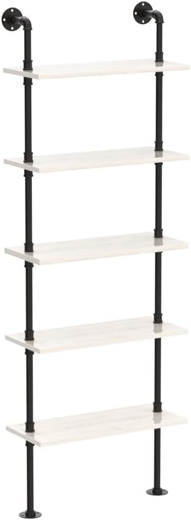 Pipe Shelves, 5 Tier Industrial Ladder Bookcase, Wall Mounted Metal Wood Rustic - Image 5