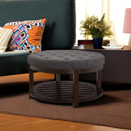 24KF Large Round Upholstered Tufted Linen Ottoman Coffee Table, Large Footrest - Image 6