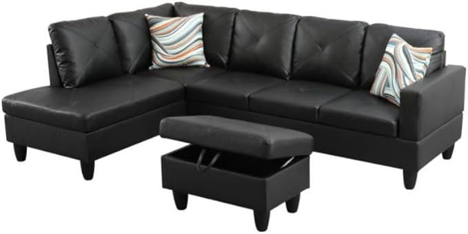 Black L-Shaped 3-Piece Faux Leather Sofa by Unknown
