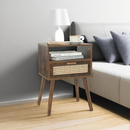 MaxSmeo Mid Century Nightstand, Rattan Side Table - Image 5