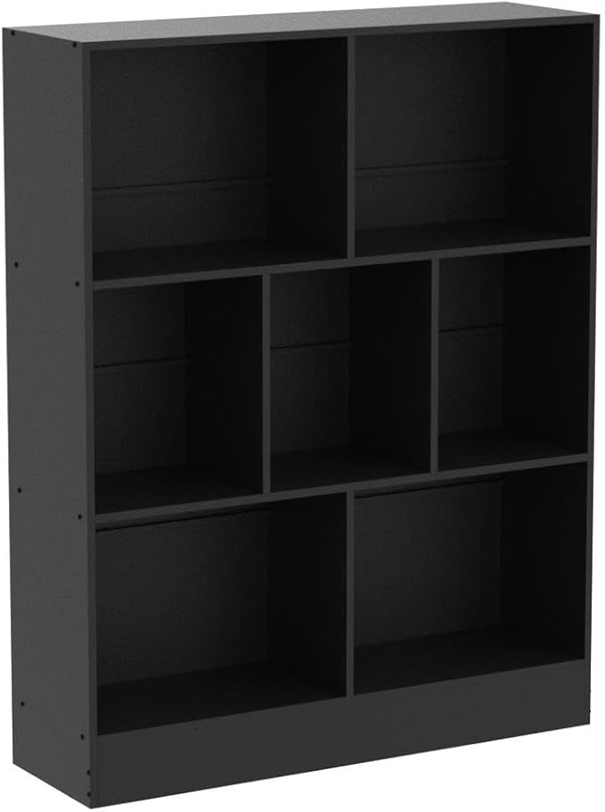 YAHARBO Black 7 Cube Bookshelf, 3 Tier Modern Horizontal Bookcase, Wooden Low - Image 4