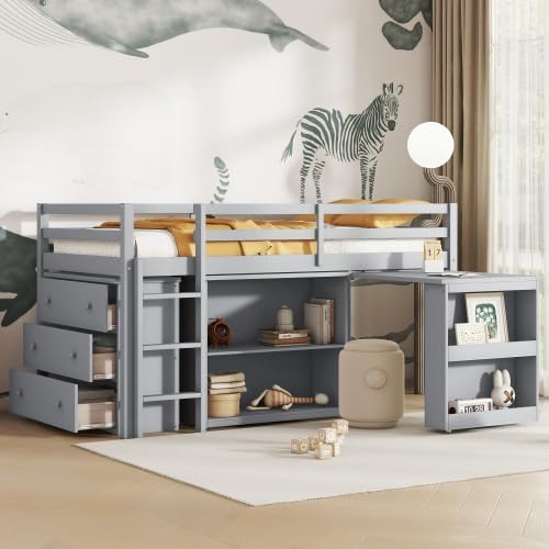 KEIKI Twin Size loft Bed with Pull-Out Desk & Drawers & Open Shelves, Wood Loft by Unknown