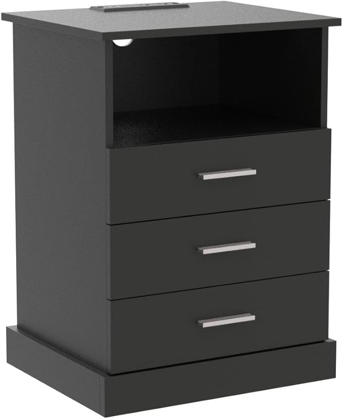 Black LED Nightstand with Charging Station, Side Table with 3 Drawers and Light - Image 5