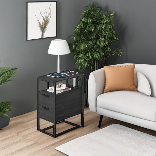 VASAGLE Side Table with Charging Station, Narrow End Table with 2 Drawers - Image 6