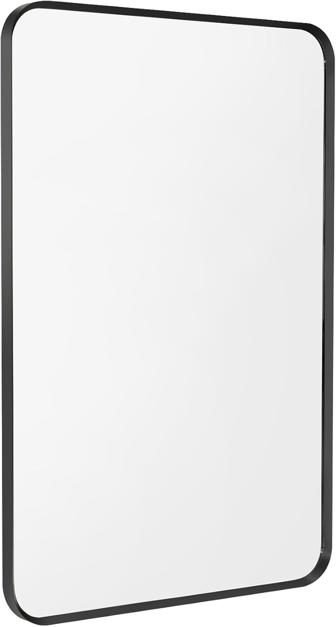 Wall Mount Mirror for Bathroom, Brush Black Metal Framed Rounded Corner by Minuover