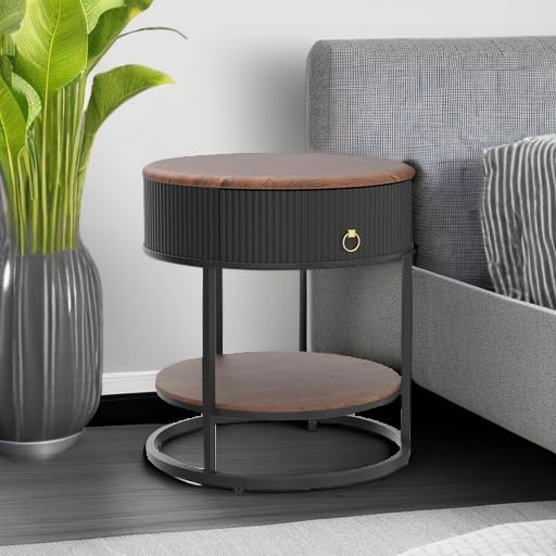 OIOG Round End Table with Drawer, Modern Wood Grain Side Table with Shelf - Image 6