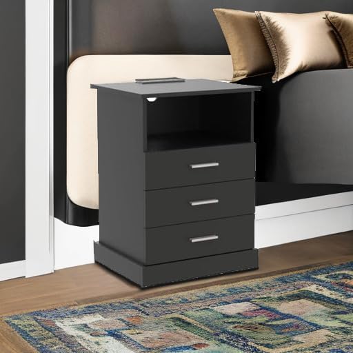 Black LED Nightstand with Charging Station, Side Table with 3 Drawers and Light - Image 6