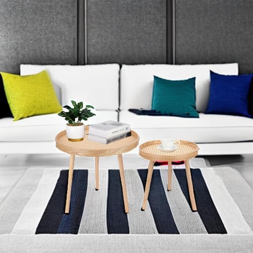 Round Coffee Table Set of 2, Natural Boho Side Table, Small Mid Century Modern - Image 5