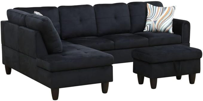 Black L-Shaped 3-Piece Flannel Sofa - Image 8