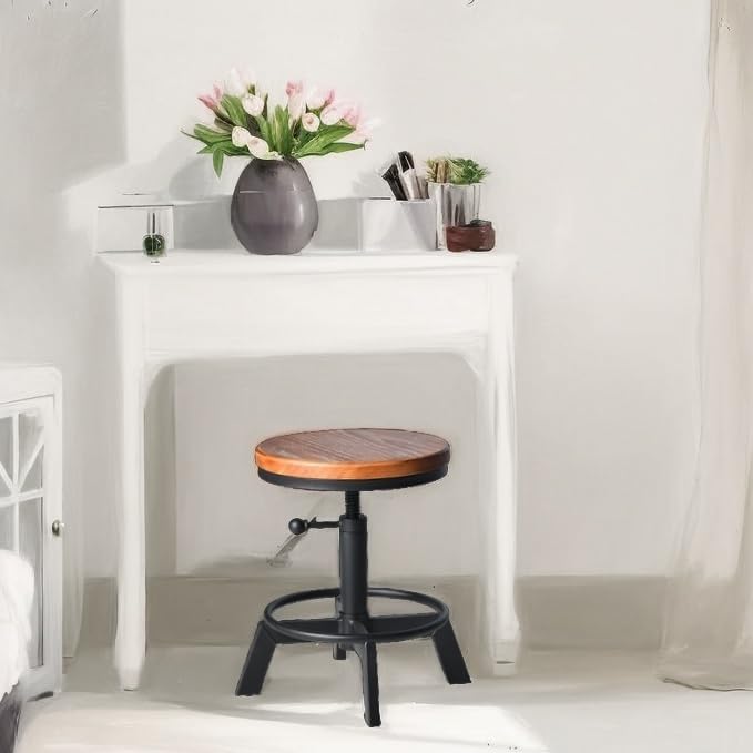 Set of 2 Industrial Bar Stools Short Stool Swivel Wooden Seat Kitchen Island - Image 7