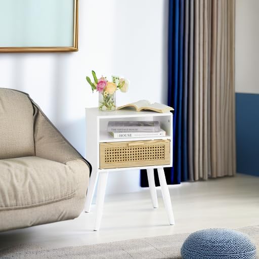MaxSmeo White Nightstand with Drawer, Mid Century Modern Nightstand, Rattan - Image 5