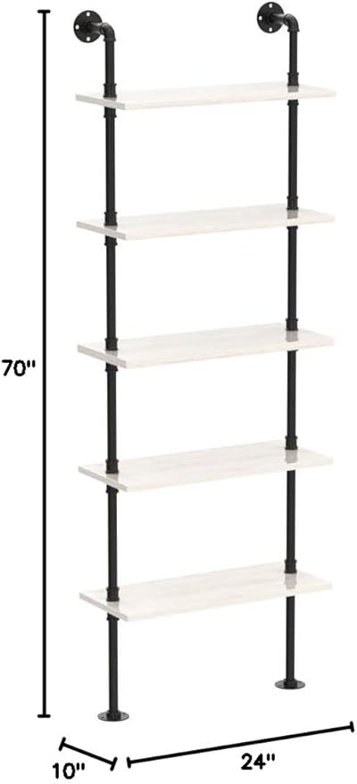 Pipe Shelves, 5 Tier Industrial Ladder Bookcase, Wall Mounted Metal Wood Rustic - Image 2