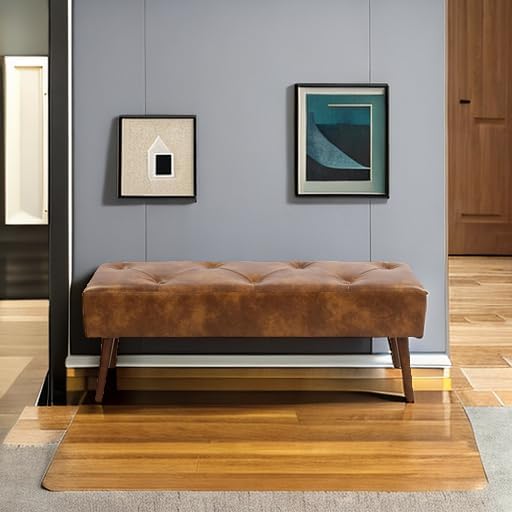 Furniliving 44 Inch Tufted Leather Bench, Leather Footrest Stool Bedroom Bench - Image 5