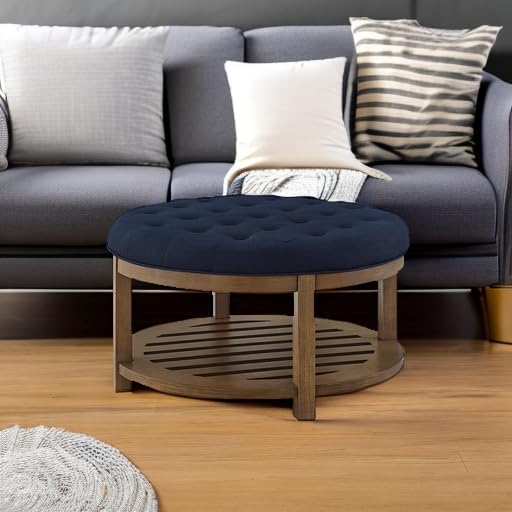 24KF Large Round Upholstered Tufted Linen Ottoman Coffee Table, Large Footrest - Image 6