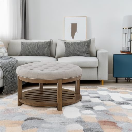 24KF Large Round Upholstered Tufted Linen Ottoman Coffee Table, Large Footrest - Image 6