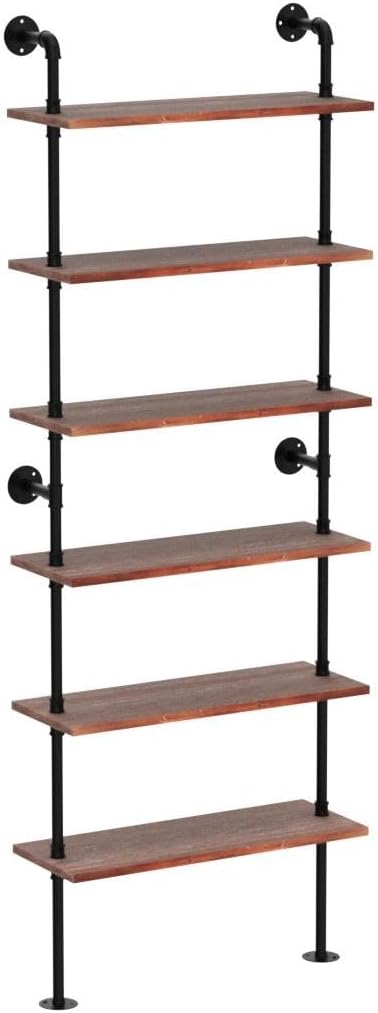 Pipe Industrial Shelves, Wall Mounted Wood Metal Ladder Rustic Bookshelf - Image 5