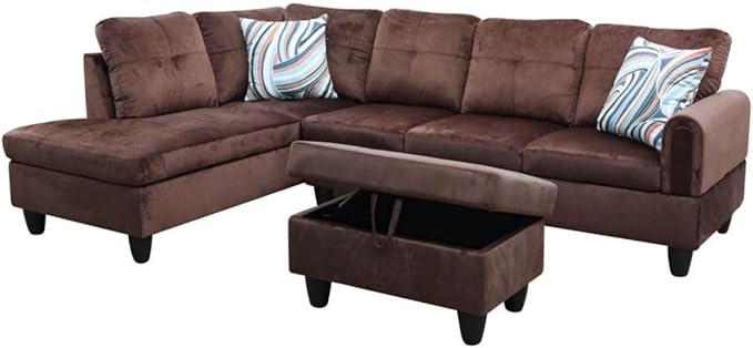 Chocolate L-Shaped 3-Piece Flannel Sofa - Image 8