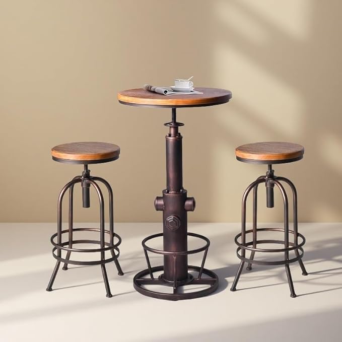 Industrial Bar Table Swivel Round Wooden Top Height Adjustable 38.6-44.4inch - Image 7