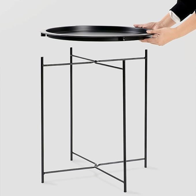 Garden 4 you End Table 2 PCS Metal Side Table Black Round Folding Tray Cyan - Image 8