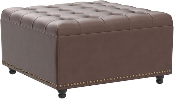 Tbfit Large Square Storage Ottoman Bench, Button Tufted Upholstered Coffee - Image 5