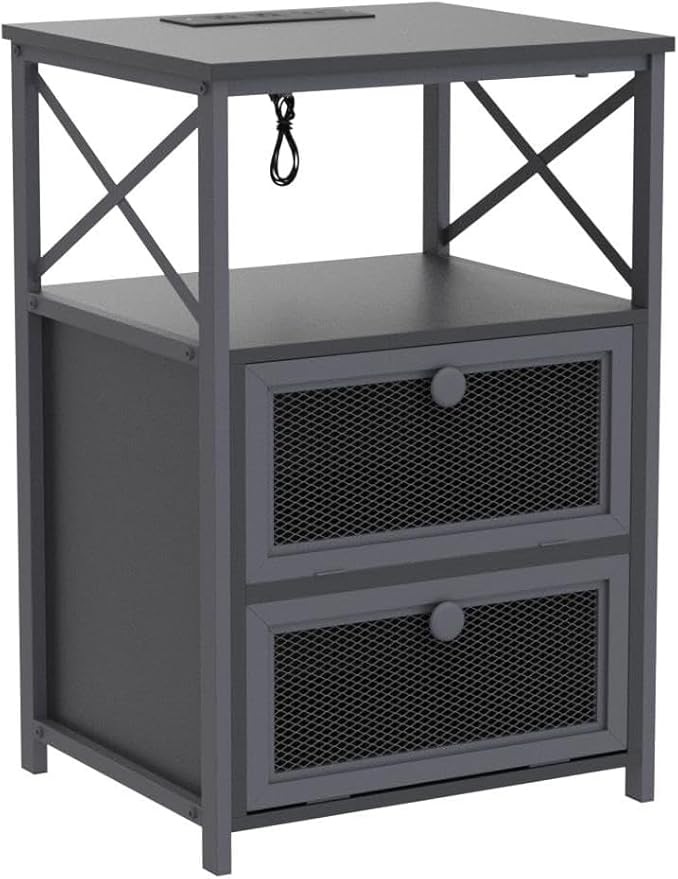 VECELO Black End Table with USB Ports and Outlets, 24 Inch Nightstands with - Image 8
