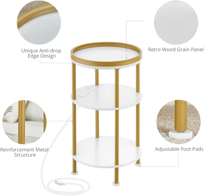 Small Round End Table with Charging Station, 3-Tier Accent Couch Beside Table - Image 8