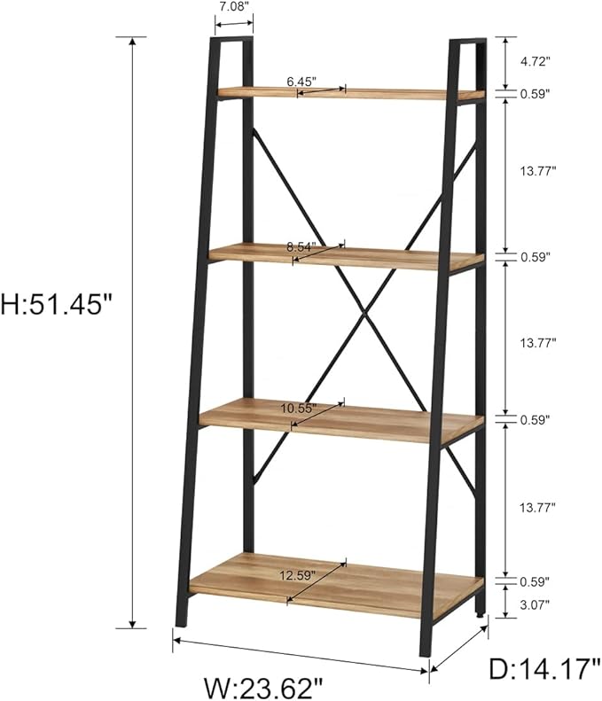 BON AUGURE Farmhouse Ladder Shelf Bookcase, 4 Tier Rustic Ladder Bookshelf - Image 3