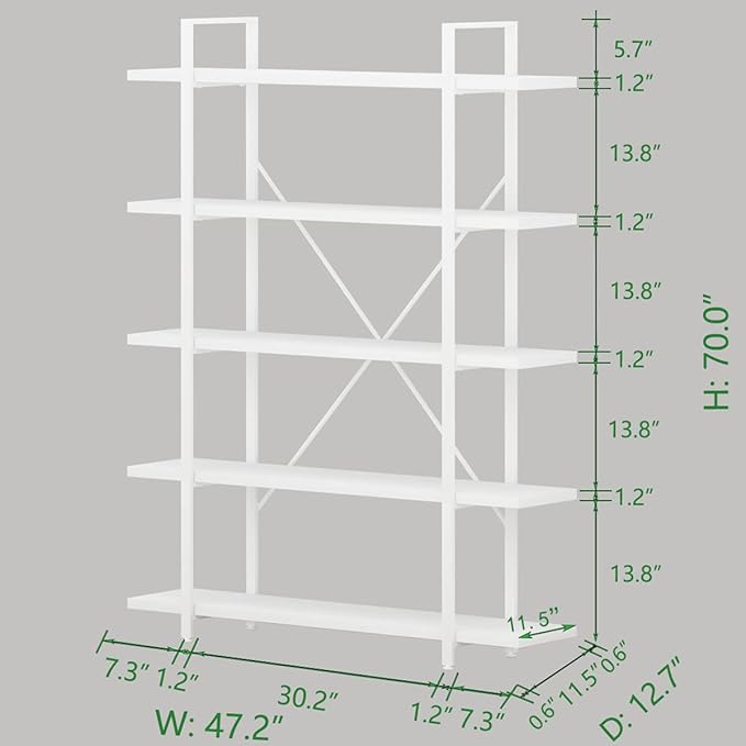 HSH 5 Tier Tall White Bookshelf, Metal and Wood Storage Book Shelves - Image 2
