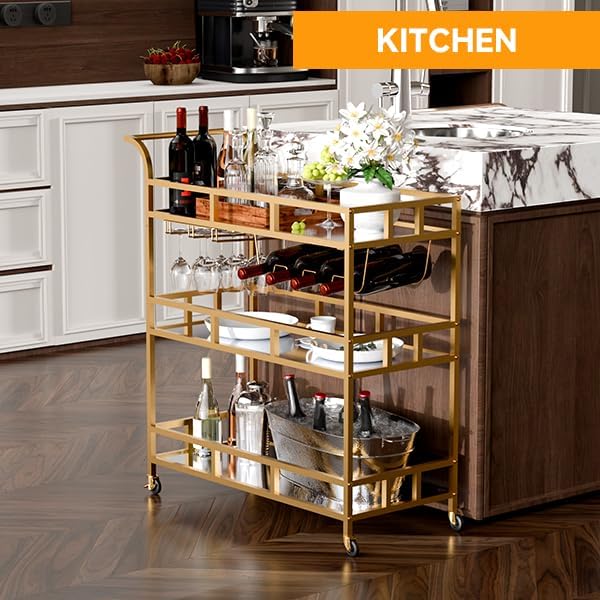 TONGMO Gold Bar Carts with 3 Tier Mirror Shelves, Home Bar Cart with Wine Rack - Image 8