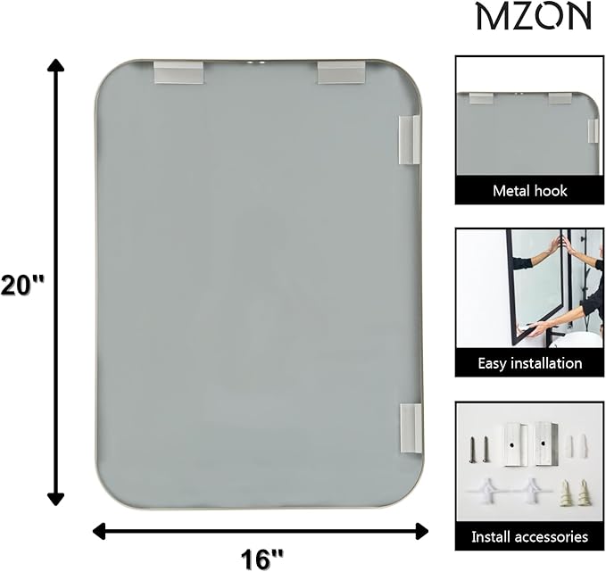 MZON 16x20Inch Brushed Nickel Bathroom Mirror, Rectangle Wall Mounted Mirror - Image 4