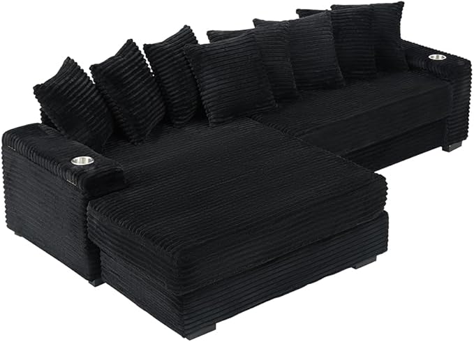 KEIKI 114" Corduroy Sofa with Cup Holders & Storage, L Shaped Sleeper Cloud - Image 7