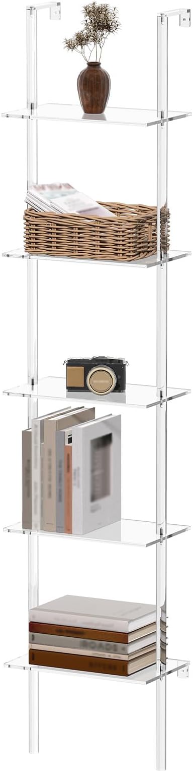 Small Acrylic Ladder Bookshelf, 9.5" D x 15.6" W, 5-Tier Clear Wall Mounted by CRTERICX