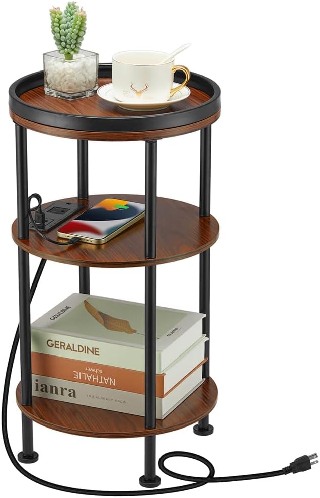 Small Round Side Table with Charging Station by Zexvida