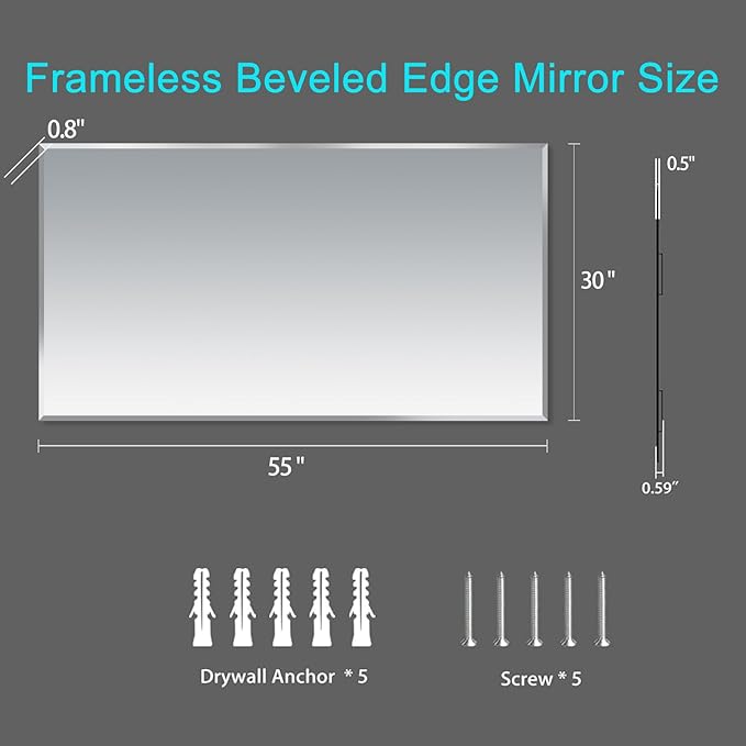 Frameless Beveled Edge Bathroom Mirror 55x30 Inch Rectangle Wall Mirror - Image 3