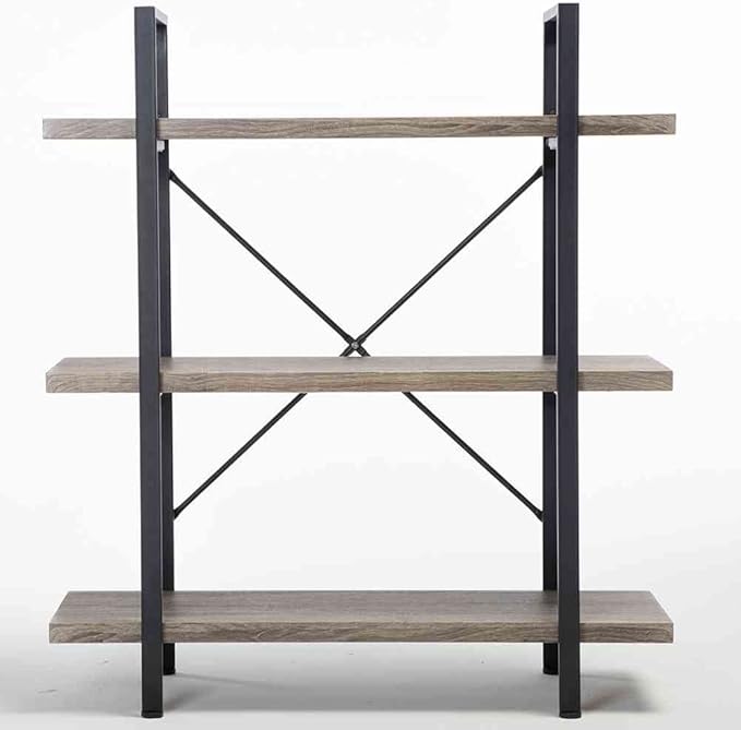 HSH 3-Shelf Bookcase, Rustic Gray 3 Tier Bookshelf, Vintage Industrial Wooden - Image 3