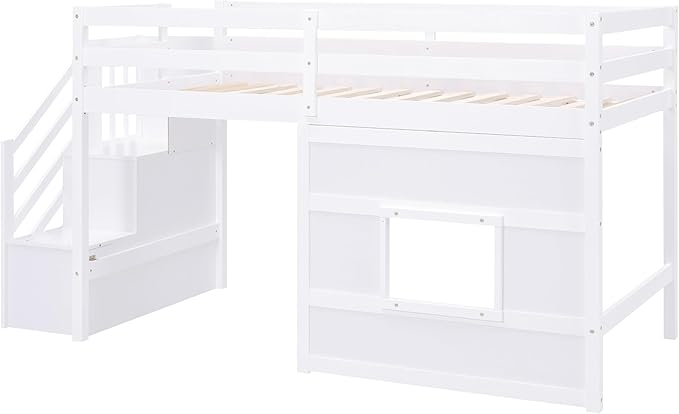Twin Size Loft Bed with Storage Staircase and Window, Wood Twin Loft Bunk - Image 5